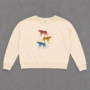 Pact Women’s Small Cream Big Cat Graphic Crewneck Sweatshirt Leopard Tiger Small